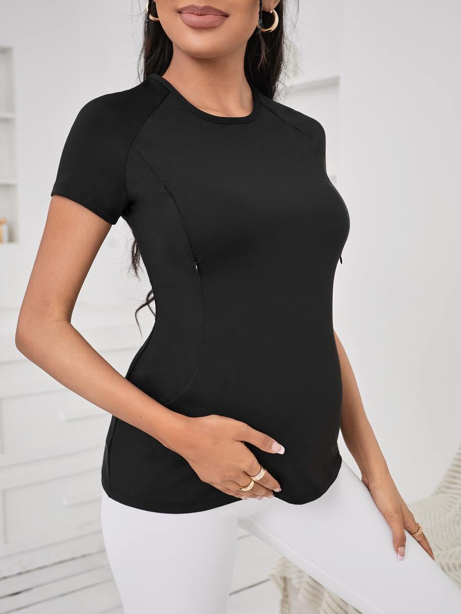 SHEIN Maternidad Camiseta de manga raglán con cremallera lateral - Negro - Ver 1