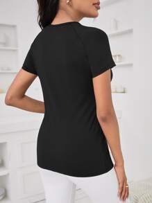 SHEIN Maternidad Camiseta de manga raglán con cremallera lateral - Negro - Ver 3