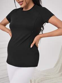 SHEIN Maternidad Camiseta de manga raglán con cremallera lateral - Negro - Ver 4