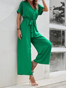 SHEIN Clasi Solid Belted Wide Leg Wrap Jumpsuit - Green - View 3