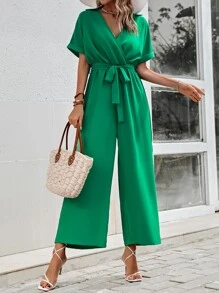 SHEIN Clasi Solid Belted Wide Leg Wrap Jumpsuit - Green - View 4