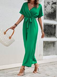 SHEIN Clasi Solid Belted Wide Leg Wrap Jumpsuit - Green - View 5