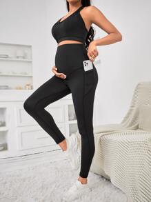 SHEIN Maternidad amamantamiento de espalda nadador Top tank & Leggings con bolsillo para teléfono - Negro - Ver 1
