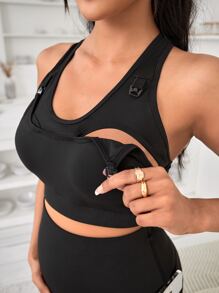 SHEIN Maternidad amamantamiento de espalda nadador Top tank & Leggings con bolsillo para teléfono - Negro - Ver 2