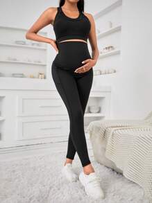 SHEIN Maternidad amamantamiento de espalda nadador Top tank & Leggings con bolsillo para teléfono - Negro - Ver 5