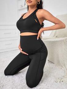 SHEIN Maternidad amamantamiento de espalda nadador Top tank & Leggings con bolsillo para teléfono - Negro - Ver 7