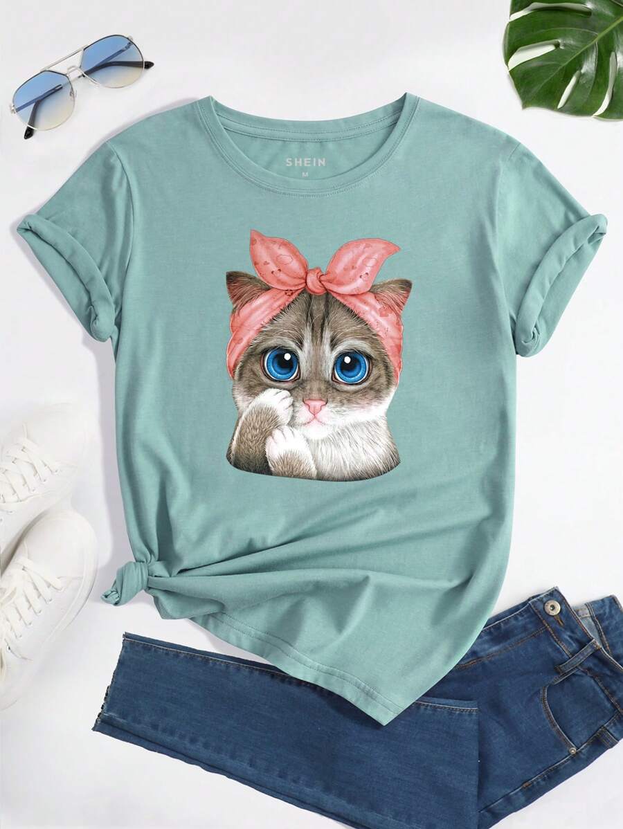 SHEIN LUNE Camiseta con estampado de gato - Azul Cadete - Ver 1