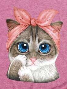 SHEIN LUNE 貓印花T恤 - 藕粉色 - 查看 6