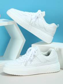 Men Minimalist Lace-up Front Skate Shoes, Sporty Outdoor Sneakers - White - View 1