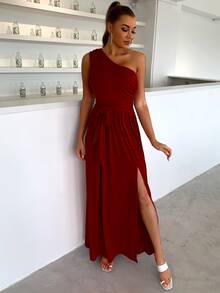 Joyfunear Đầm Thắt lưng Xù Tách cao màu trơn Giải trí - Màu Đỏ Sâu - Xem 3