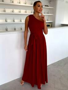 Joyfunear Đầm Thắt lưng Xù Tách cao màu trơn Giải trí - Màu Đỏ Sâu - Xem 5