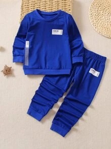 SHEIN Toddler Boys Letter Patched Sweatshirt & Joggers - Blue - View 1