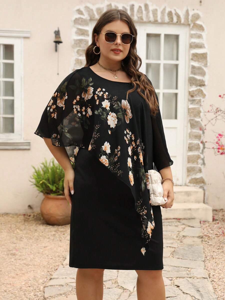 Nemidor Plus Floral Print Batwing Sleeve Dress - Black - View 1