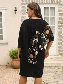 Nemidor Plus Floral Print Batwing Sleeve Dress - Black - View 2