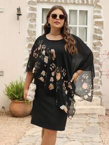 Nemidor Plus Floral Print Batwing Sleeve Dress - Black - View 5