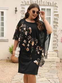 Nemidor Plus Floral Print Batwing Sleeve Dress - Black - View 7