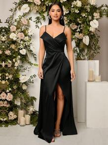 SHEIN Belle Solid Wrap Hem Cami Bridesmaid Dress Black Elegant Formal Evening Prom Wedding Guest Gown, For Graduation, Dinner Party Dress
