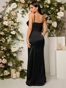 SHEIN Belle Solid Wrap Hem Cami Bridesmaid Dress Black Elegant Formal Evening Prom Wedding Guest Gown, For Graduation, Dinner Party Dress