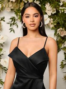 SHEIN Belle Solid Wrap Hem Cami Bridesmaid Dress Black Elegant Formal Evening Prom Wedding Guest Gown, For Graduation, Dinner Party Dress