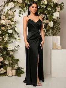 SHEIN Belle Solid Wrap Hem Cami Bridesmaid Dress Black Elegant Formal Evening Prom Wedding Guest Gown, For Graduation, Dinner Party Dress