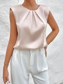 SHEIN Privé Áo sơ mi nữ Uốn nếp màu trơn Thanh lịch - Hồng - Xem 4