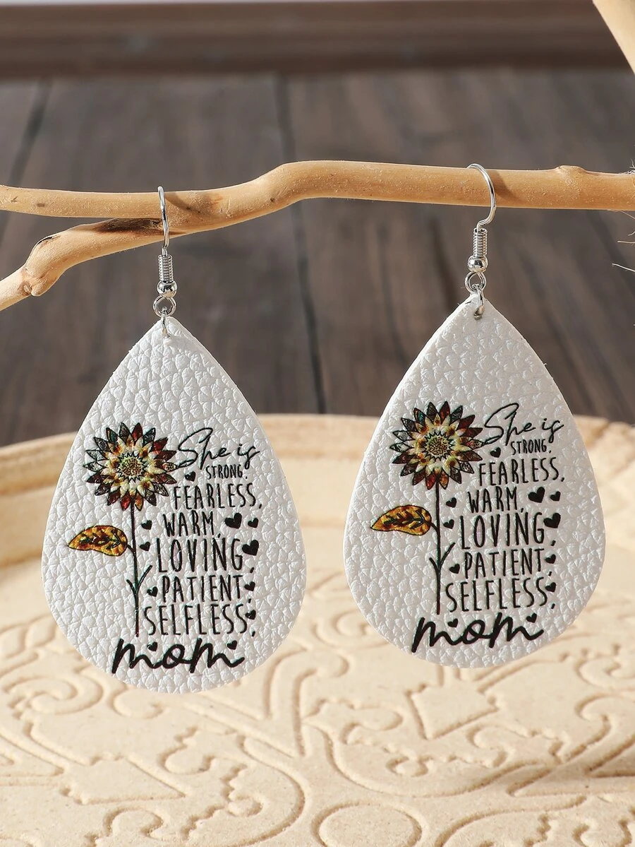 1對時尚向日葵和標語圖案水滴形耳墜適合女士適用於母親節禮品 - 彩色 - 查看 1