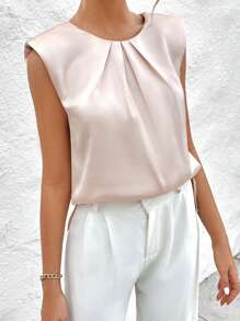 SHEIN Privé Áo sơ mi nữ Uốn nếp màu trơn Thanh lịch - Hồng - Xem 5
