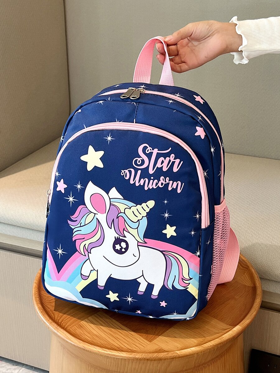Girls Functional Backpack Unicorn & Letter Graphic - Navy Blue - View 1