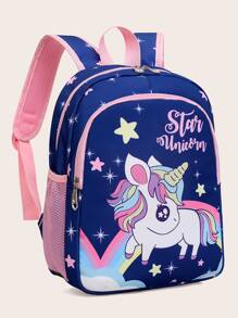 Girls Functional Backpack Unicorn & Letter Graphic - Navy Blue - View 2