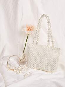 SHEIN Belle Argyle Princess Faux Pearl & Rhinestone Pearl Chain & Decor Faux Pearl Beaded Tote Bag For Party, Wedding, Prom and Dinner, Lipsticks, Women's Pearl Bag - White - View 1