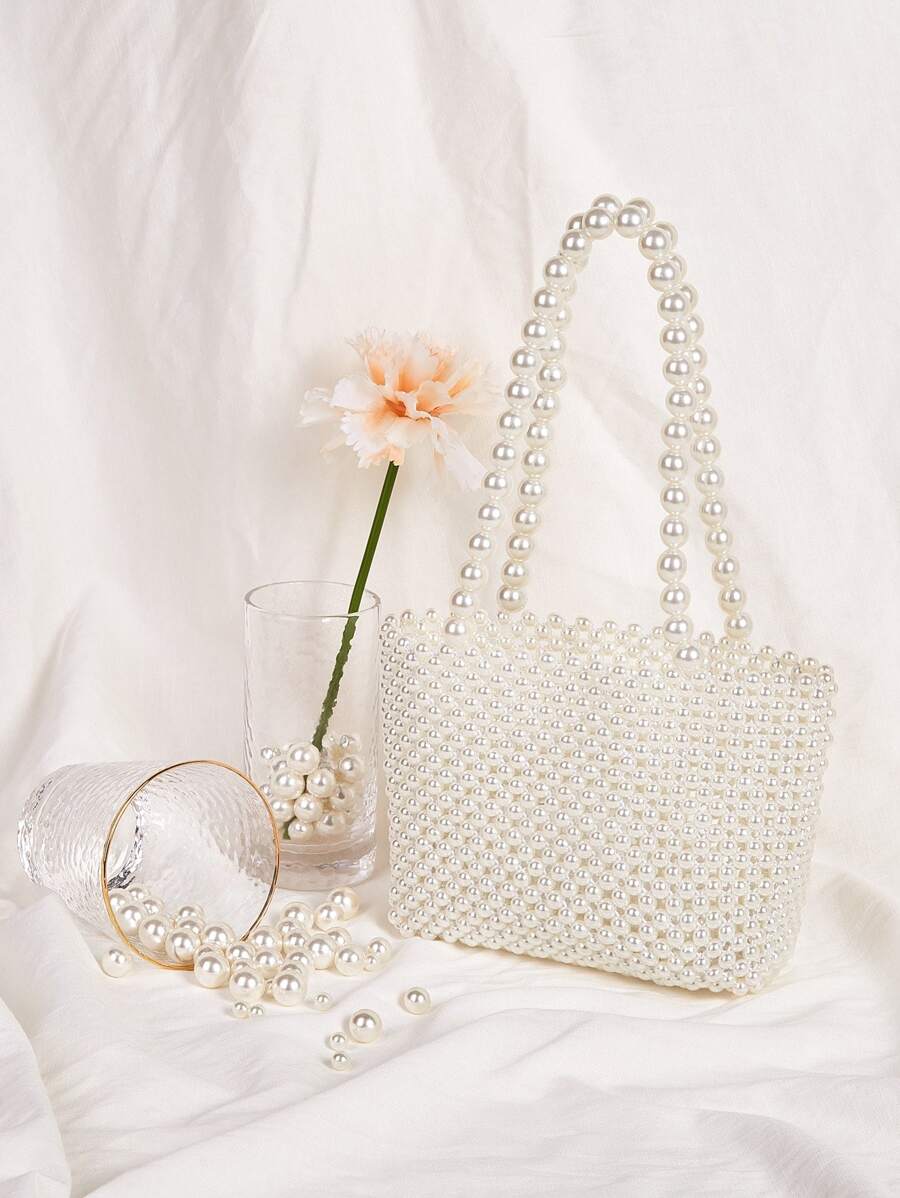 SHEIN Belle Argyle Princess Faux Pearl & Rhinestone Pearl Chain & Decor Faux Pearl Beaded Tote Bag For Party, Wedding, Prom and Dinner, Lipsticks, Women's Pearl Bag - White - View 1