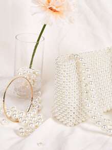 SHEIN Belle Argyle Princess Faux Pearl & Rhinestone Pearl Chain & Decor Faux Pearl Beaded Tote Bag For Party, Wedding, Prom and Dinner, Lipsticks, Women's Pearl Bag - White - View 3