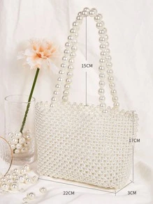 SHEIN Belle Argyle Princess Faux Pearl & Rhinestone Pearl Chain & Decor Faux Pearl Beaded Tote Bag For Party, Wedding, Prom and Dinner, Lipsticks, Women's Pearl Bag - White - View 5
