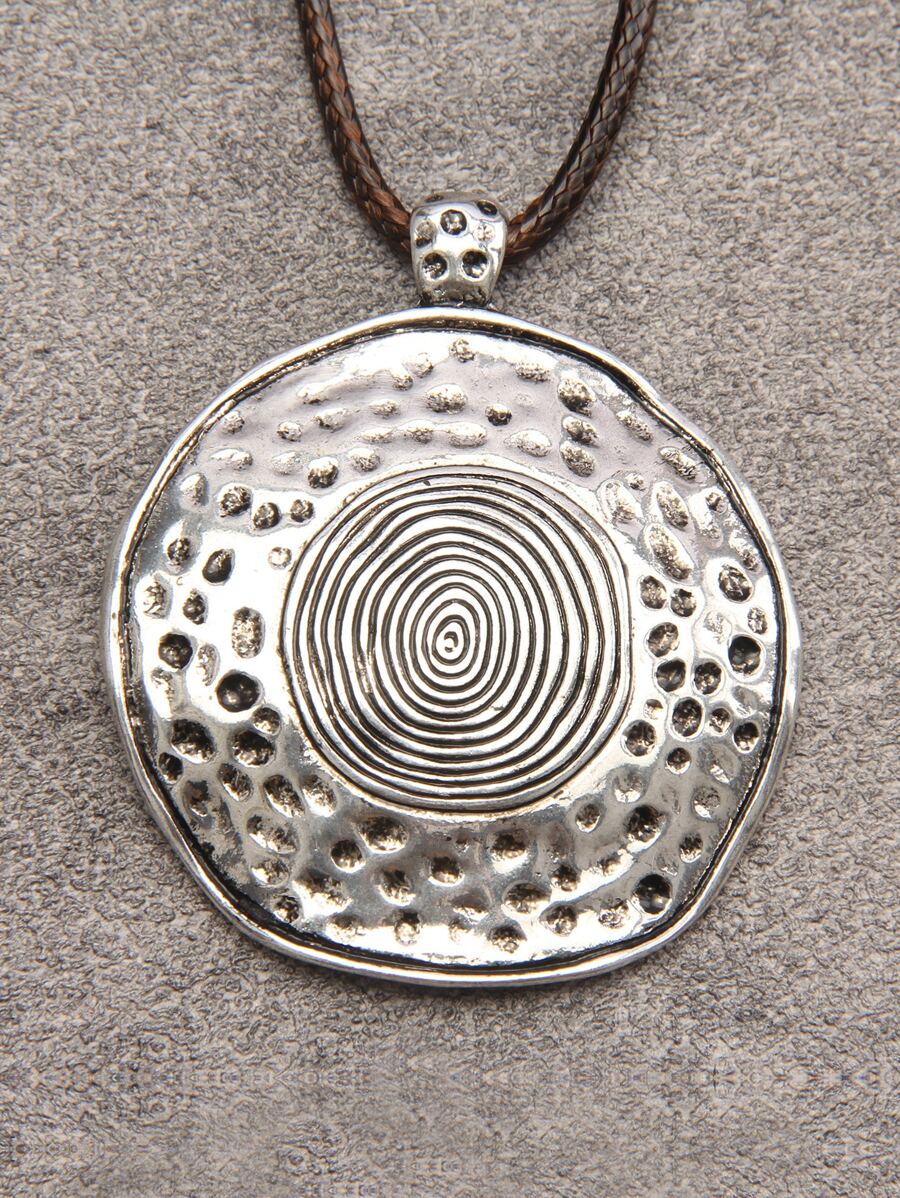 1 件时尚锌合金指纹细节不对称圆形吊坠项链，适合男士日常装饰 - 復古銀色 - 查看 1