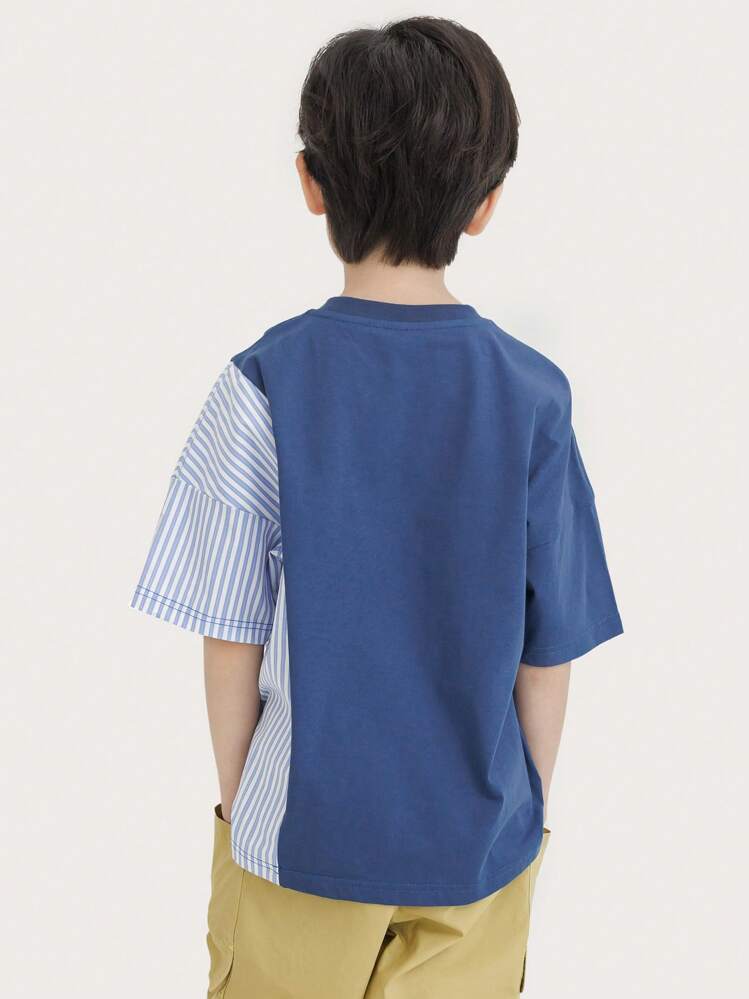 ボーイズストライプ柄パッチワークカラーブロックラウンドネック半袖Tシャツカジュアルサマートップス - ブルー - 見る 2