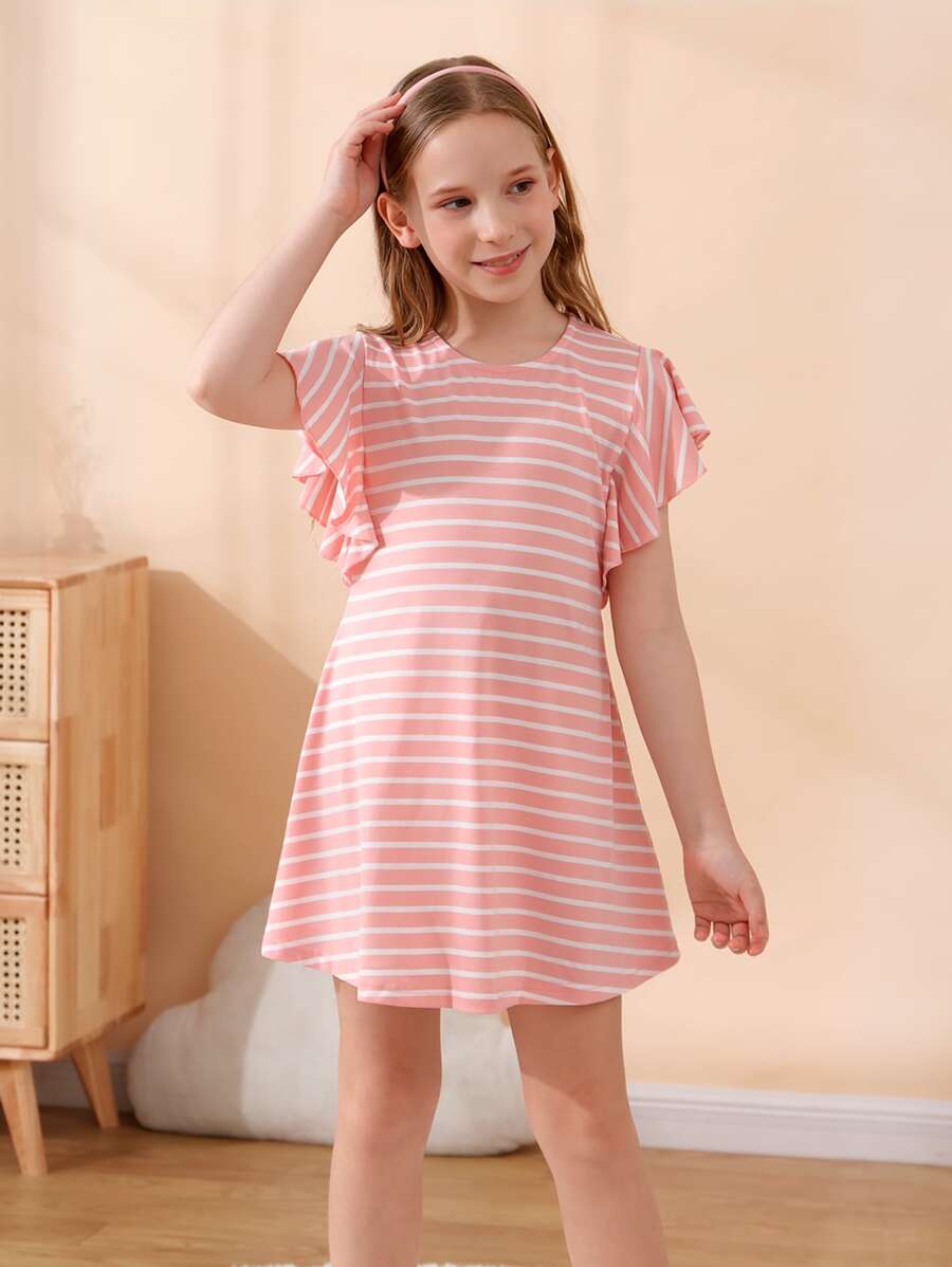 Girls Striped Ruffle Trim Dress - Pink - View 1