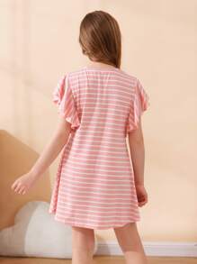 Girls Striped Ruffle Trim Dress - Pink - View 2