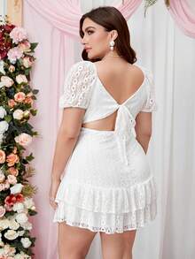 Double Crazy Plus Sweetheart Neck Puff Sleeve Ruffle Hem Dress - White - View 2