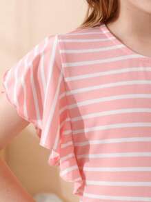 Girls Striped Ruffle Trim Dress - Pink - View 6