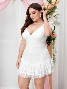 Double Crazy Plus Sweetheart Neck Puff Sleeve Ruffle Hem Dress - White - View 4