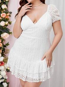 Double Crazy Plus Sweetheart Neck Puff Sleeve Ruffle Hem Dress - White - View 3