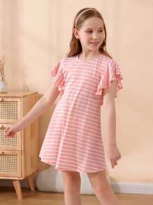 Girls Striped Ruffle Trim Dress - Pink - View 3