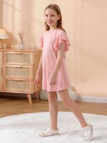 Girls Striped Ruffle Trim Dress - Pink - View 4