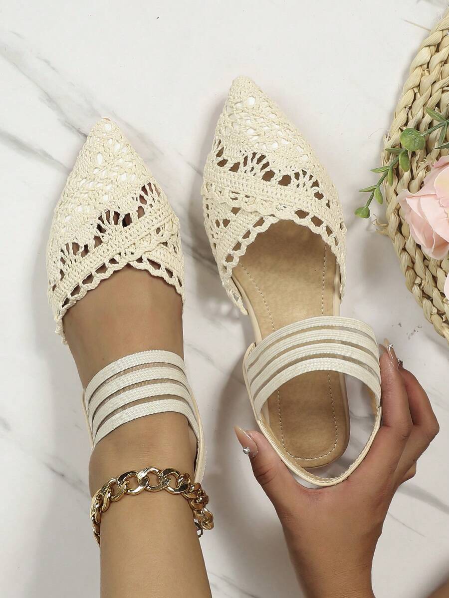 Giày mule lưới & ren tối giản dành cho nữ, Giày đế bệt mũi nhọn - Màu be - Xem 1