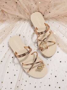 Women Metallic Rhinestone & Butterfly Decor Espadrille Toe Post Thong Sandals, Fashionable Summer Outdoor Flat Sandals - Gold - View 1