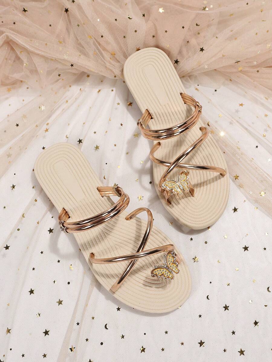 Women Metallic Rhinestone & Butterfly Decor Espadrille Toe Post Thong Sandals, Fashionable Summer Outdoor Flat Sandals - Gold - View 1