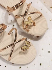 Women Metallic Rhinestone & Butterfly Decor Espadrille Toe Post Thong Sandals, Fashionable Summer Outdoor Flat Sandals - Gold - View 4