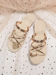 Women Metallic Rhinestone & Butterfly Decor Espadrille Toe Post Thong Sandals, Fashionable Summer Outdoor Flat Sandals - Gold - View 5