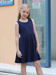 Đầm Gái màu trơn Giải trí - Màu xanh hải quân - Xem 1