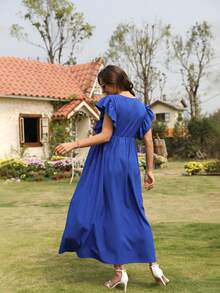 Maternidad Vestido unicolor de manga mariposa de cuello cruzado - Azul - Ver 2